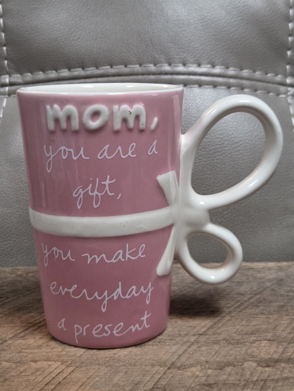 Sandra Magsamen "Mom You Are A Gift" Pink Ceramic Mug with White Bow Handle  B1J